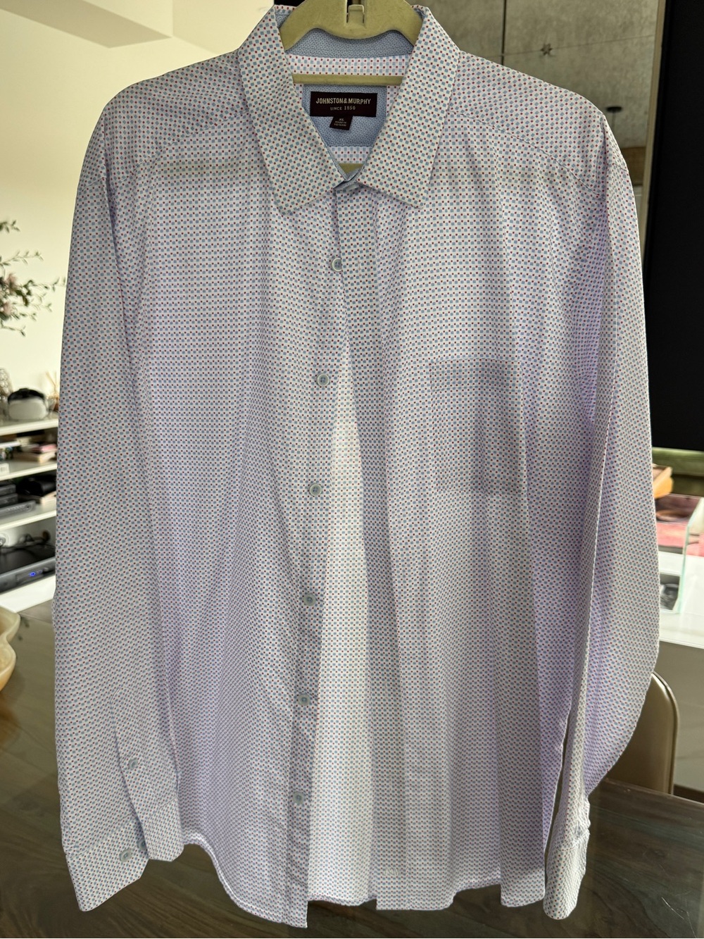 Johnston & Murphy Men's White Shirt with Tiny Blue and Red Dot Pattern